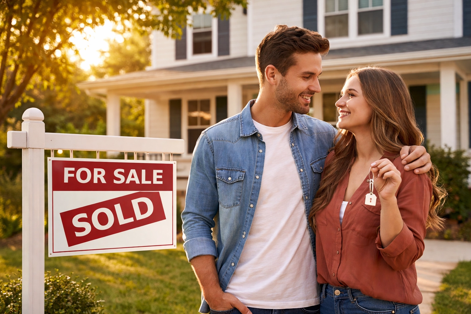 Young Texas couple celebrating with new house keys outside their home, representing successful credit repair and financial progress.