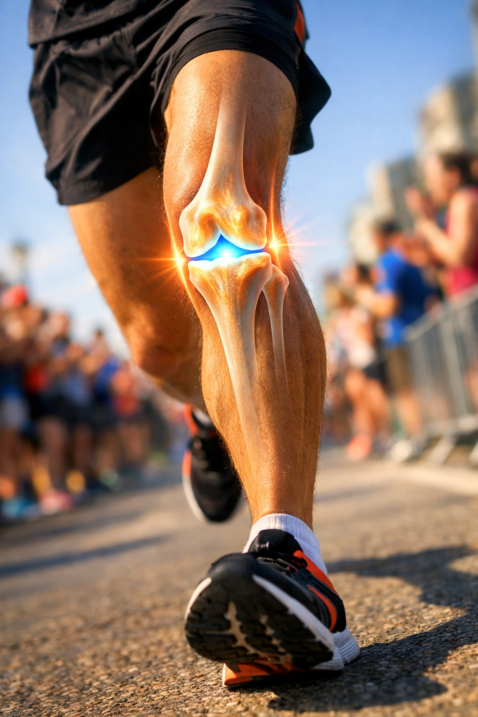 Runner’s legs with a medical overlay showing healthy knee cartilage and joint space for mobility.