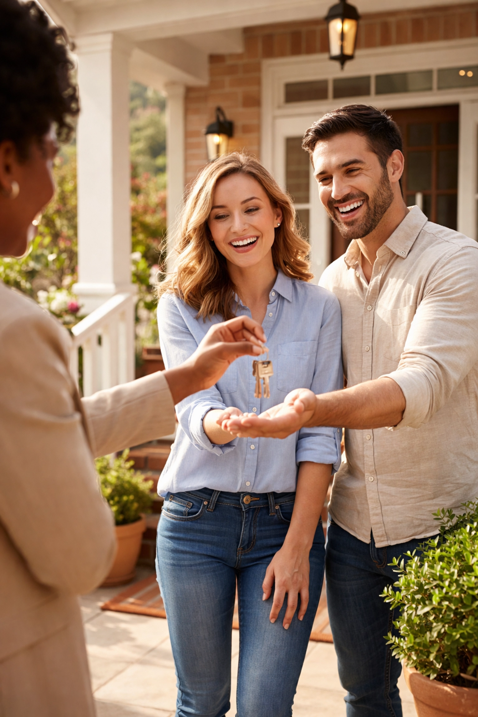 Happy couple receiving keys to their new Gwinnett home, confident after a smart real estate choice