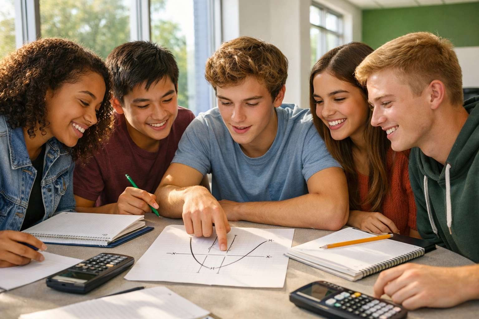 Students collaborating on SAT math practice problems with graphs and calculators