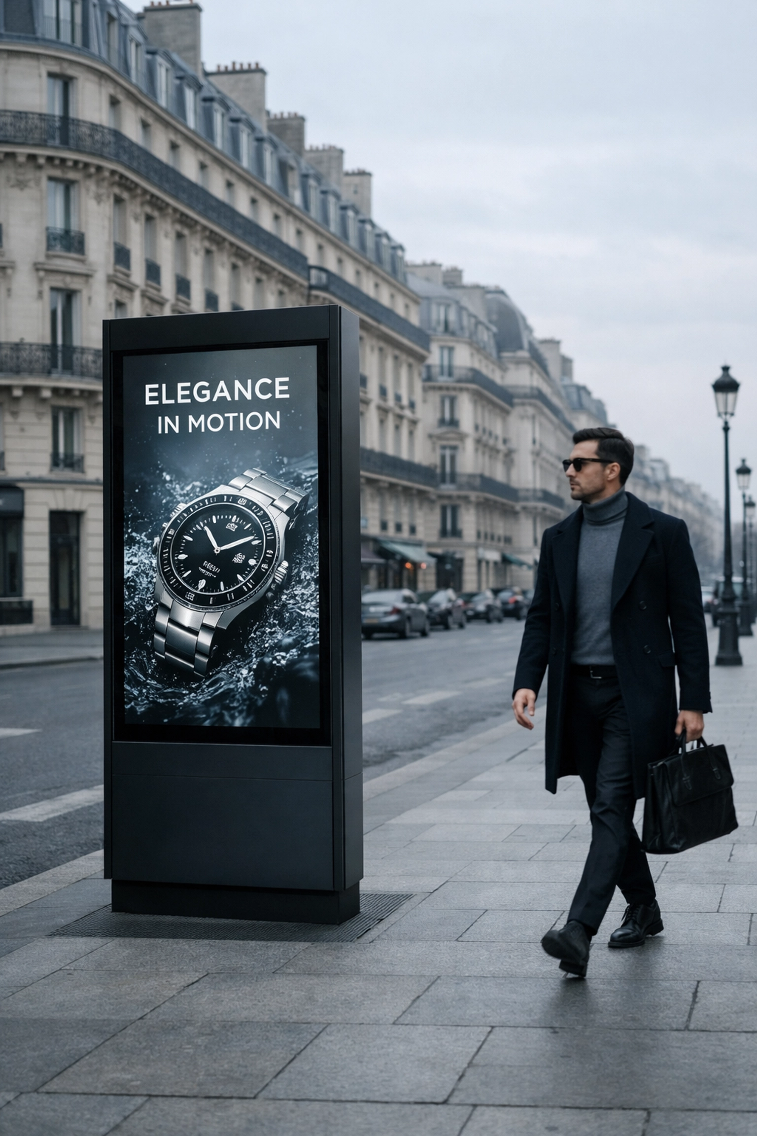 Sleek digital advertising kiosk on a classic Paris street for luxury brand visibility.