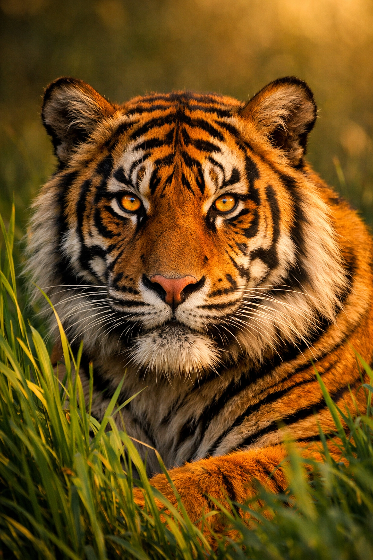 Close-up portrait of a majestic Sumatran tiger resting in tall grass for a species conservation spotlight.