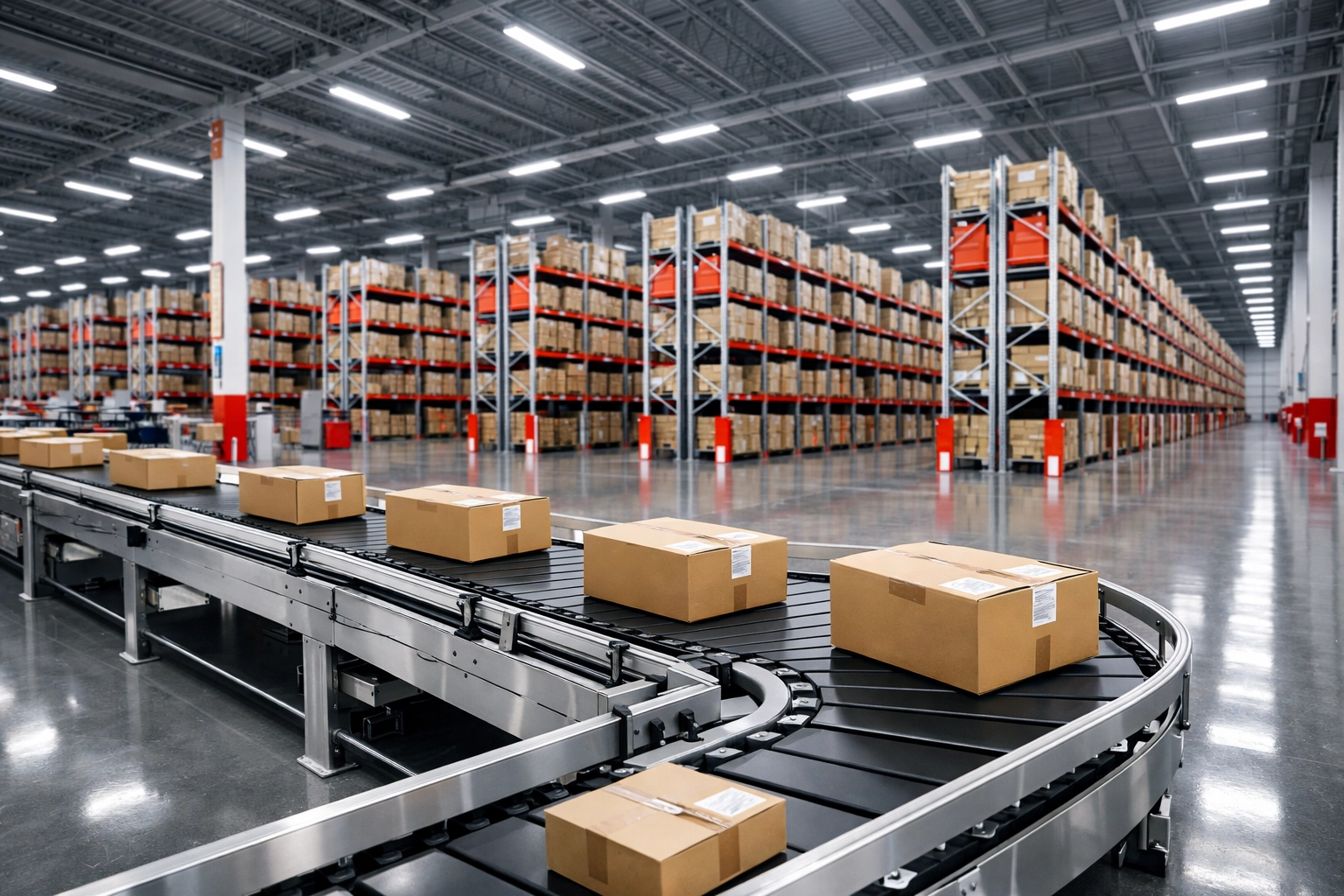 Modern warehouse and fulfilment facility with organized industrial shelving and a package conveyor system.