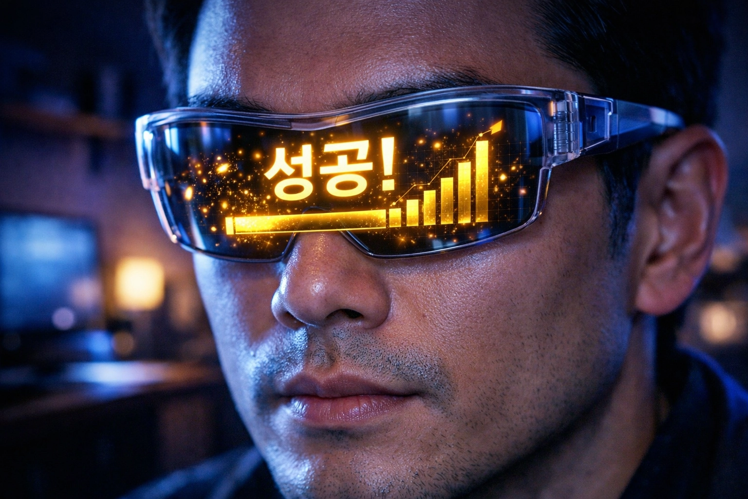 Professional using AR glasses to view a gamified foreign language success notification.