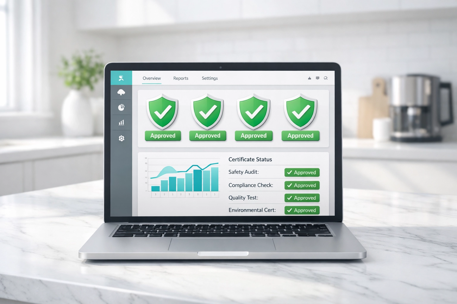Landlord portal dashboard on a laptop showing digital compliance and safety certificate approvals.