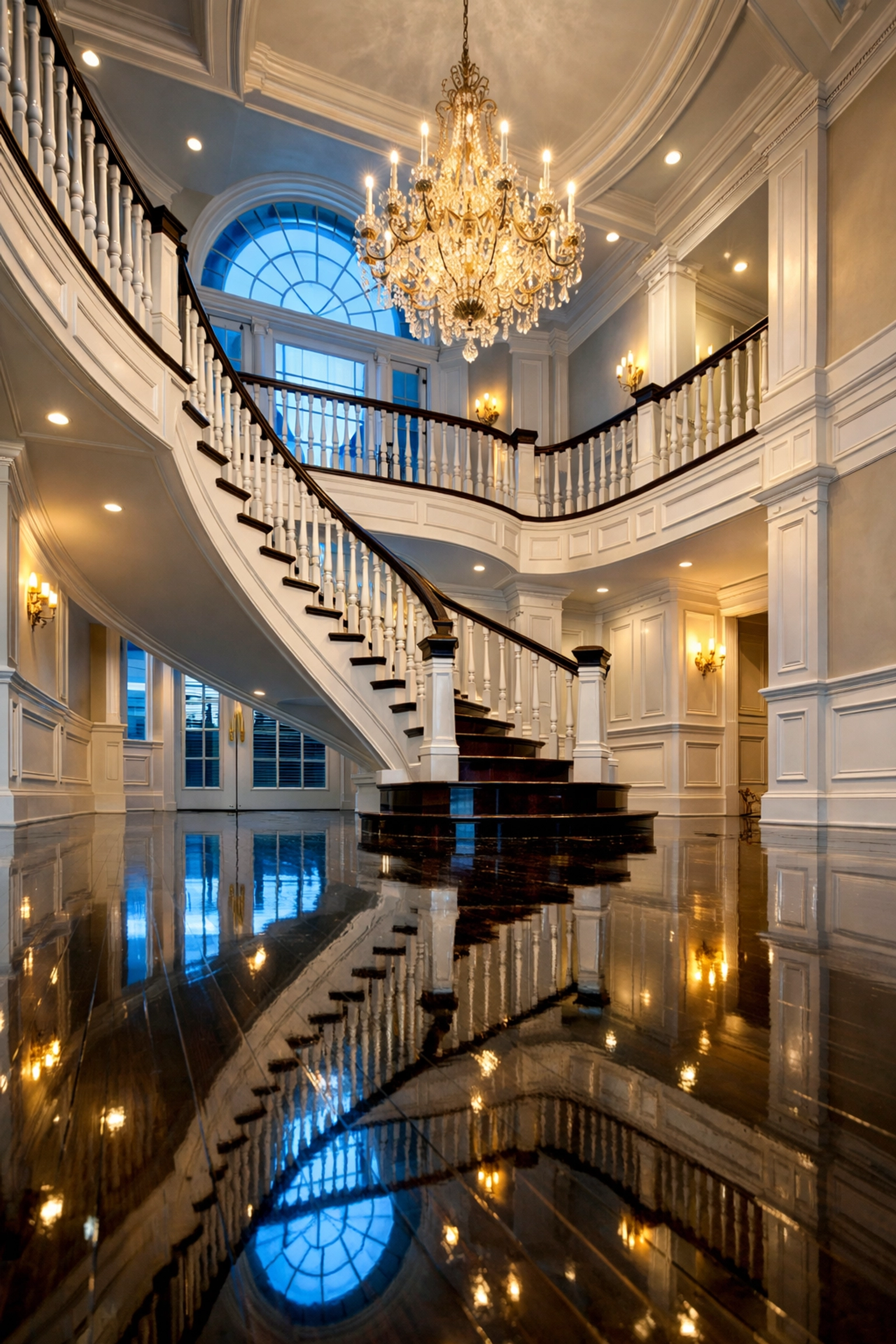Spotless Dover estate foyer with polished wood floors from expert residential cleaning Massachusetts.