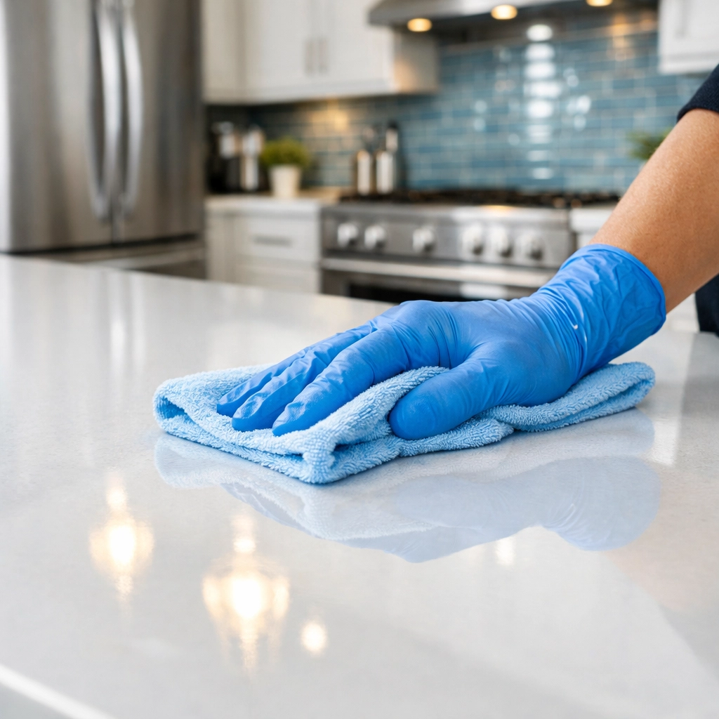 Professional cleaners sanitizing a kitchen island during a weekly house cleaning service in Marlborough.