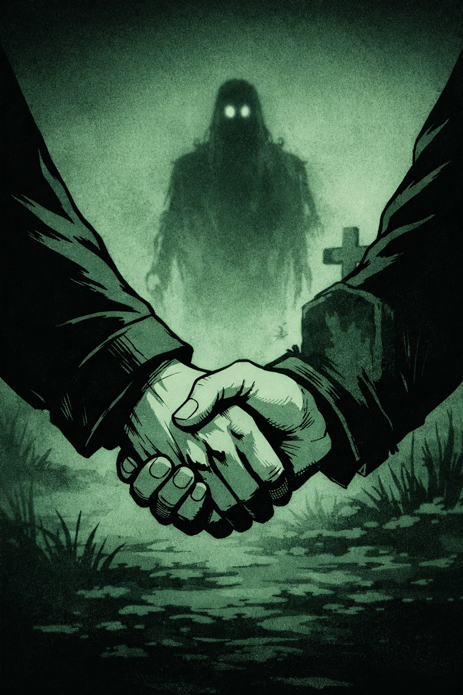 Clasped hands of gay couple with ghostly figure - LGBTQ+ horror survival and sacrifice theme