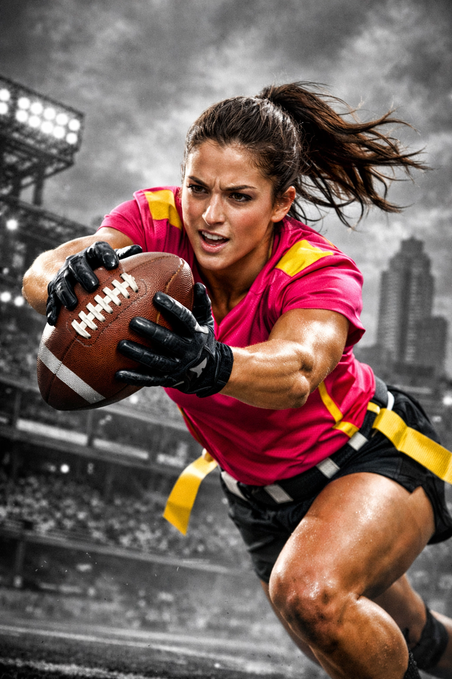 Female flag football player catching ball in stadium representing women leading sport to Olympics
