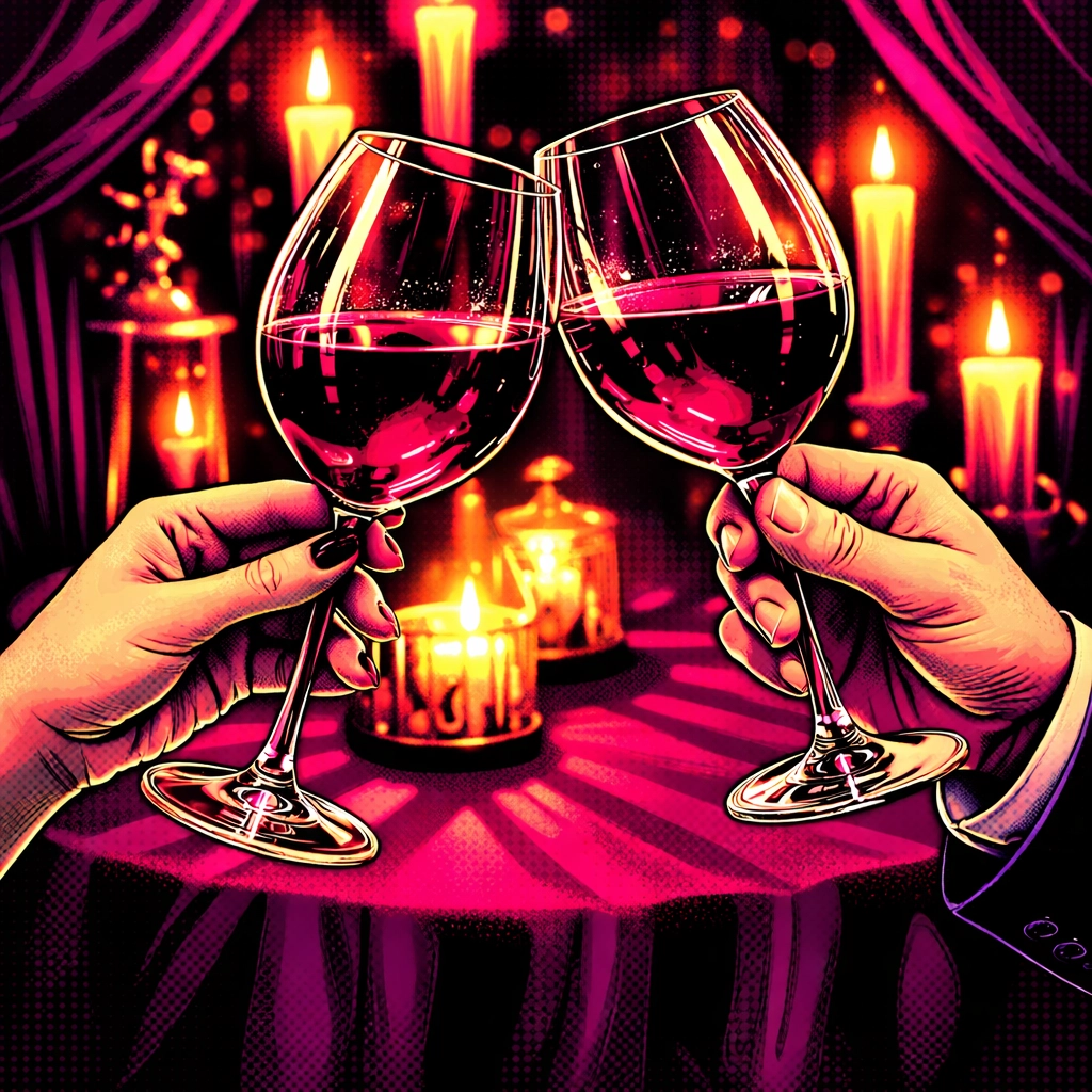 Pop art style hands toasting with wine glasses in moody candlelight with magenta accents, celebrating local brunch gatherings at Rebel Wine Bar in Fort Lauderdale.