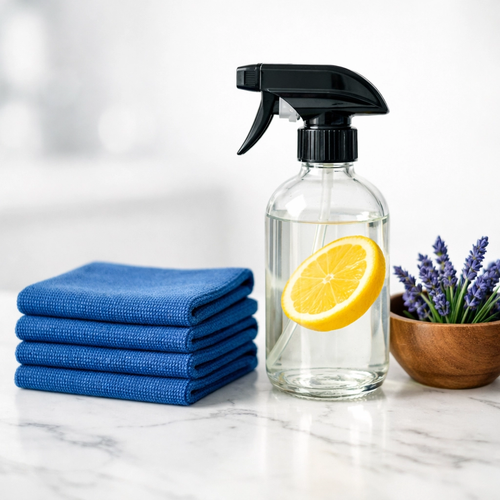 Eco-friendly house cleaning North Andover MA supplies like microfiber cloths and natural spray on a marble counter.