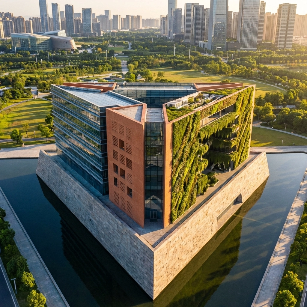 Aerial view of a triangular building with diverse materials, symbolizing stability and innovative diversification in modern portfolios.