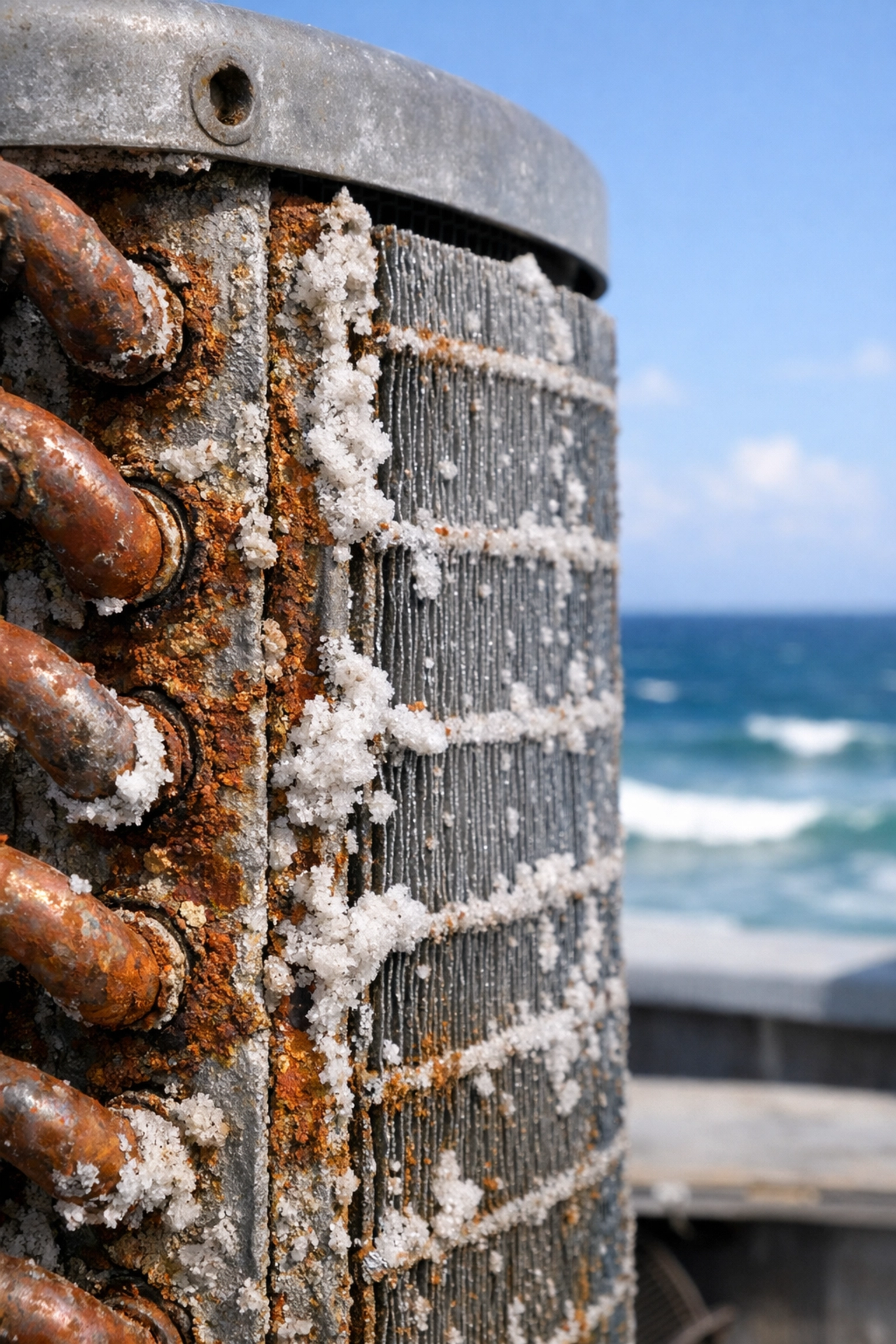 Salt-air corrosion on commercial HVAC units illustrating accelerated physical depreciation.