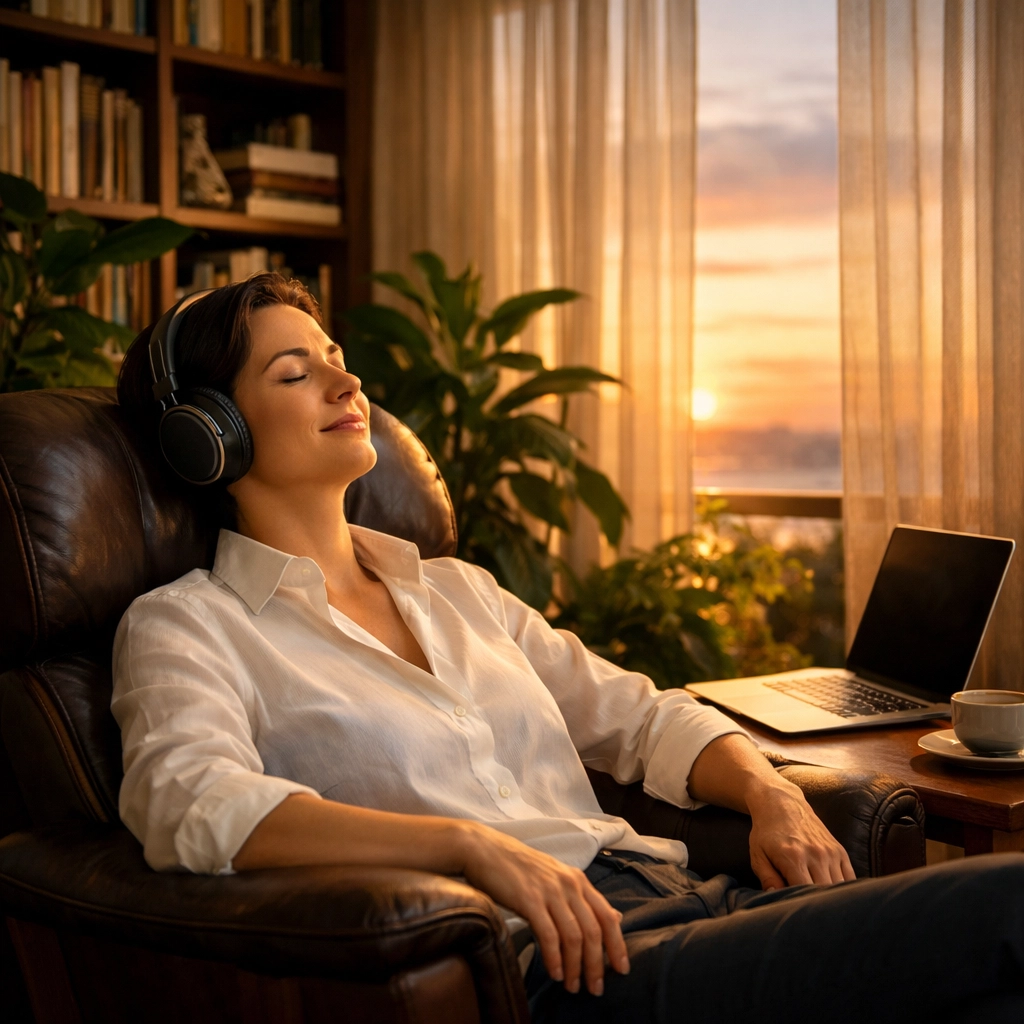 A professional enjoying a relaxing online hypnosis session at home for stress management and burnout recovery.