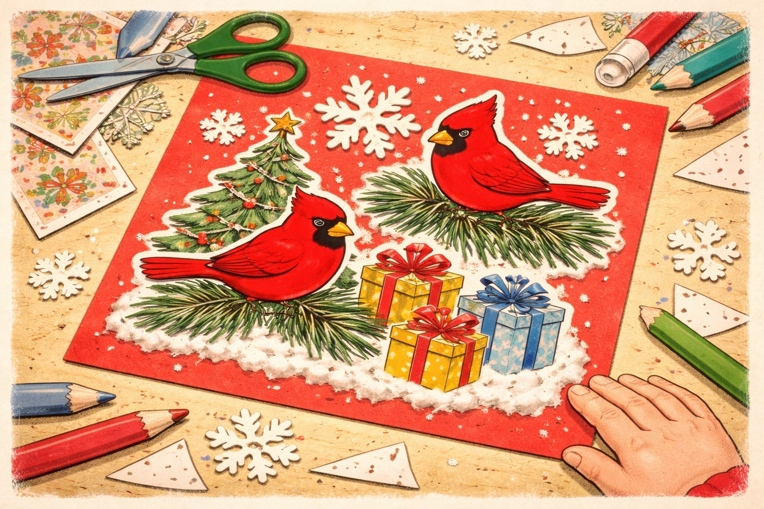 A handmade holiday card collage featuring cardinals, snowflakes, and gifts on construction paper