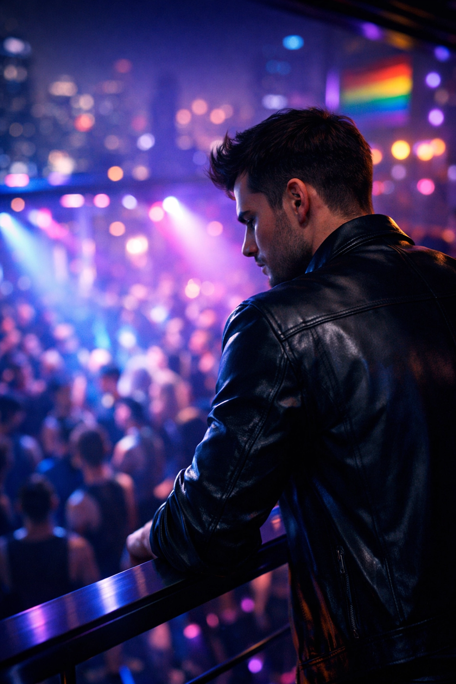 A lonely man watching a neon dance floor from a balcony, a common trope in gay contemporary romance.