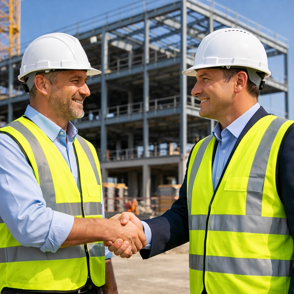 Project manager and developer handshake on site ensuring construction contract compliance.