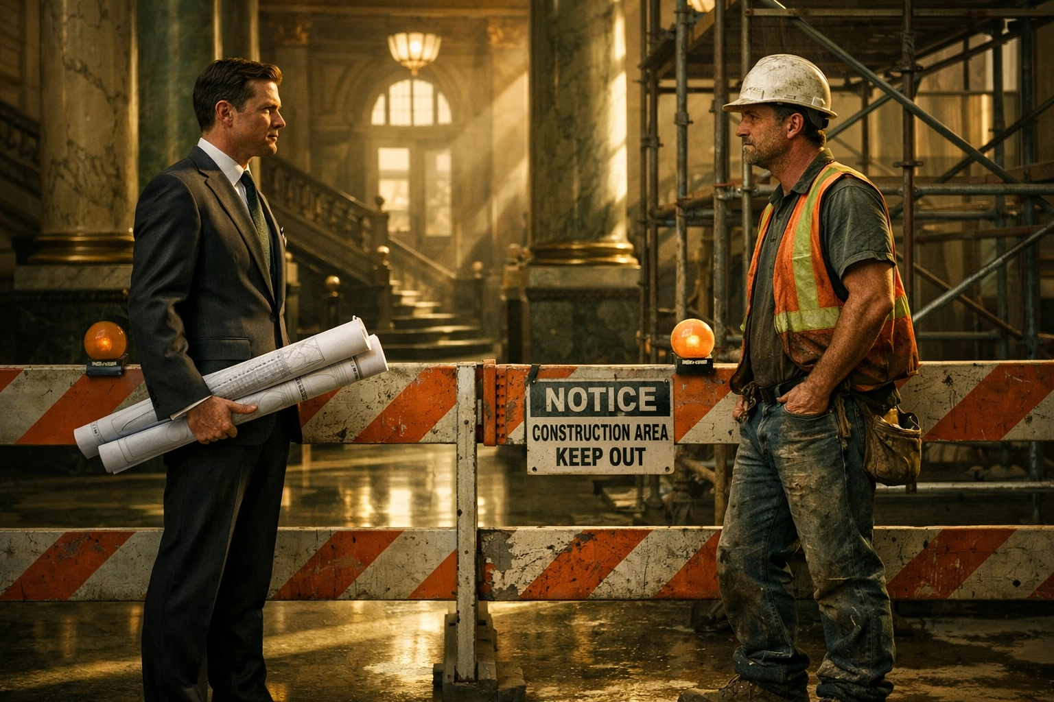 Policy aide in suit meets construction foreman at City Hall renovation site in MM romance