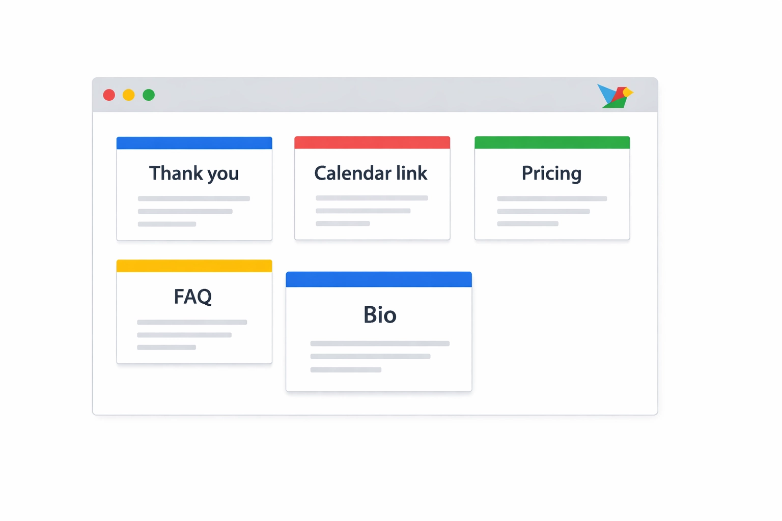 Minimal extension panel showing five snippet cards (Thank you, Calendar link, Pricing, FAQ, Bio) on a clean white background with geometric, color-blocked accents (Blue, Red, Green, Yellow) and a geometric bird logo theme.