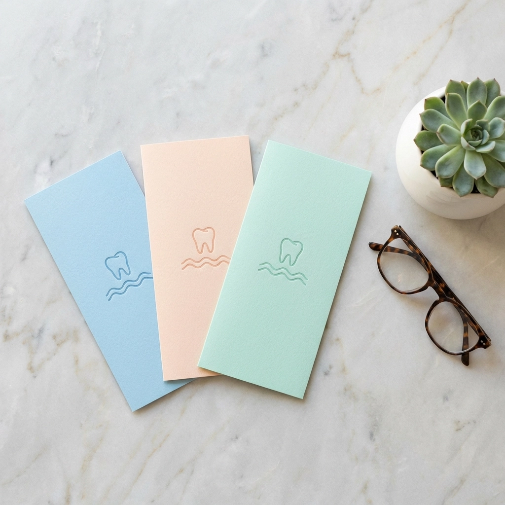 Dental insurance brochures, glasses, and plant on marble surface, comparing local dental plan options