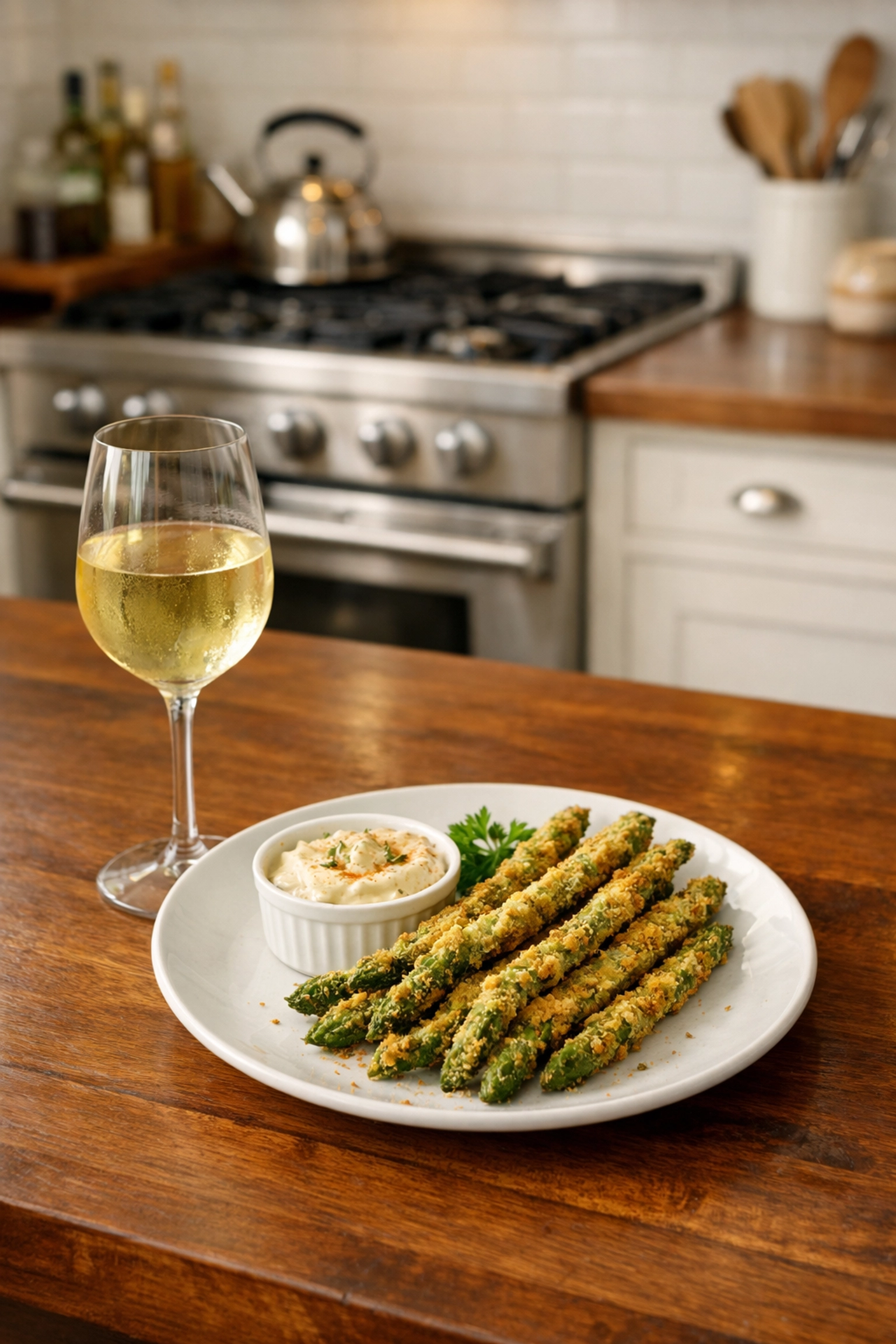 Plated fried asparagus and wine, showcasing the ease of an Anita & Joe's personal chef service.
