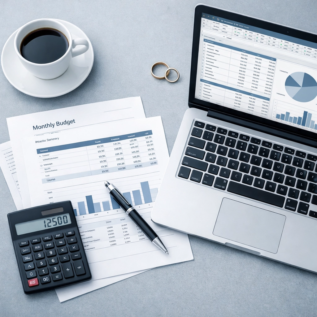 Financial documents and wedding ring on desk for divorce planning