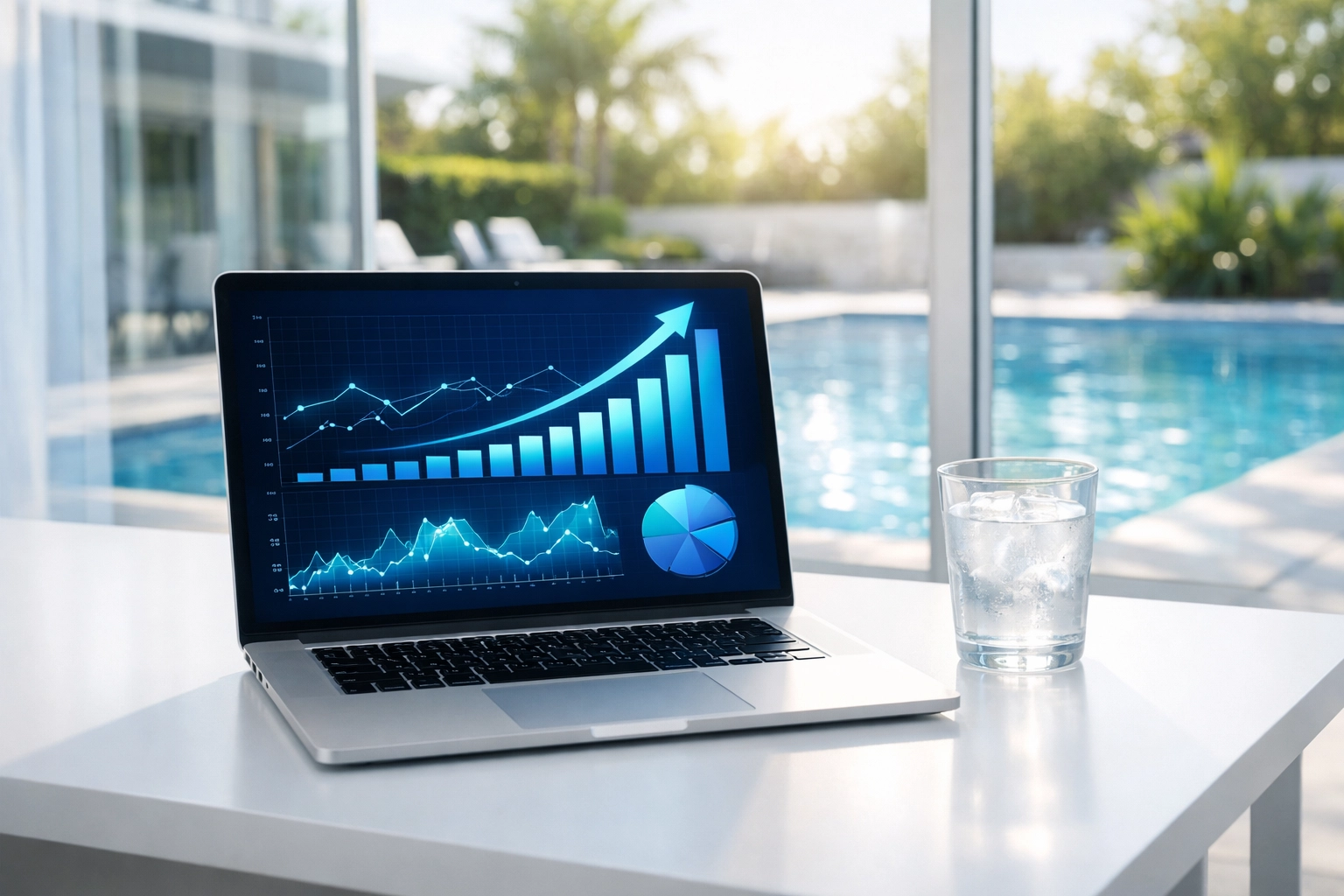 Financial charts on a laptop representing pool route valuation and business growth near a swimming pool.