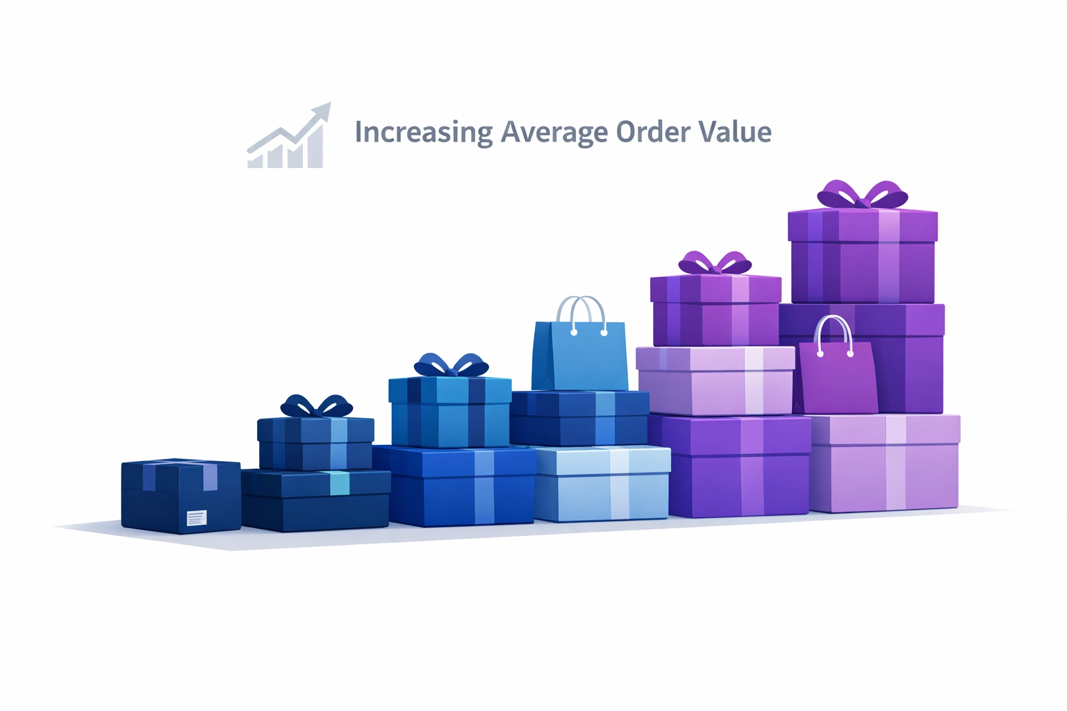 Rising bar chart of shopping boxes symbolizing increased average order value and ecommerce revenue.