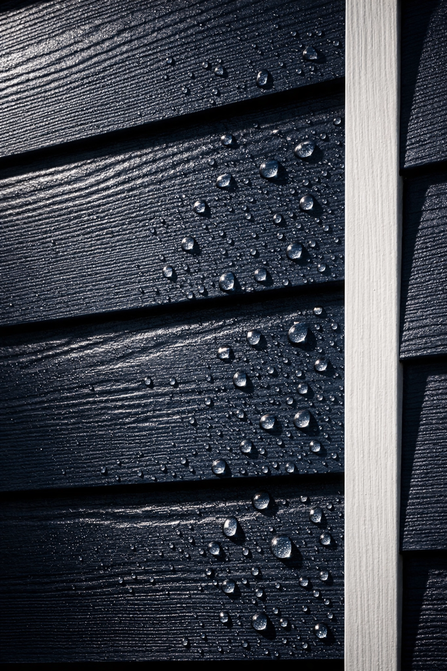 Close-up of weather-resistant fiber cement siding panels with water droplets