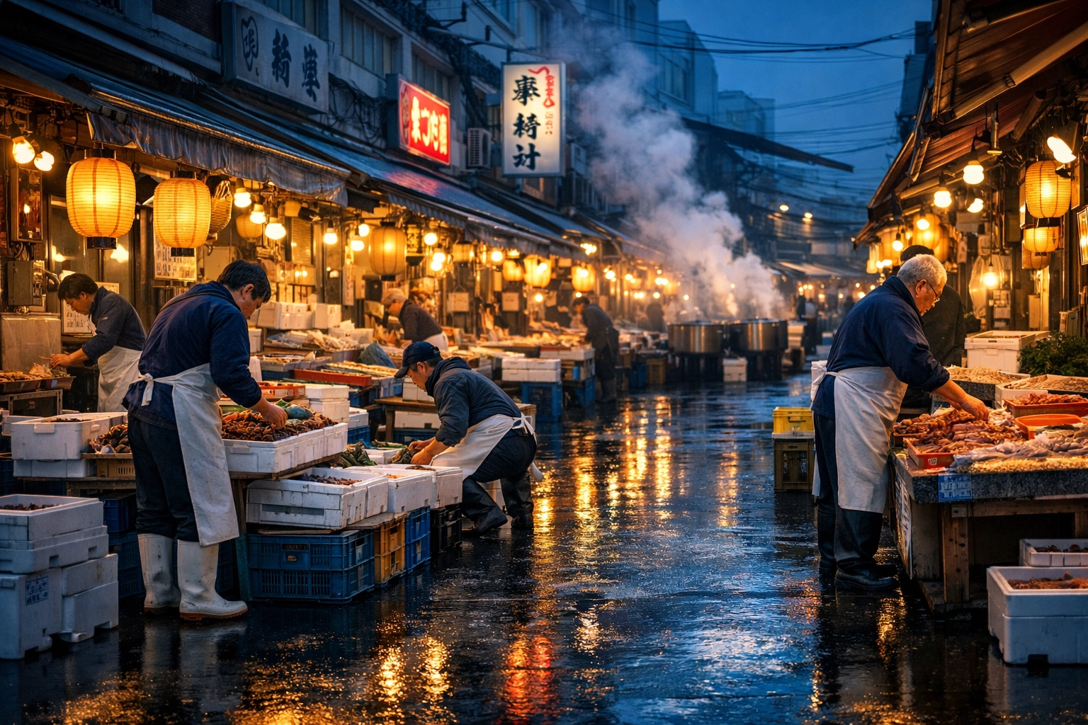 Early morning vendors at Tsukiji Outer Market, one of the best photography locations in Tokyo.