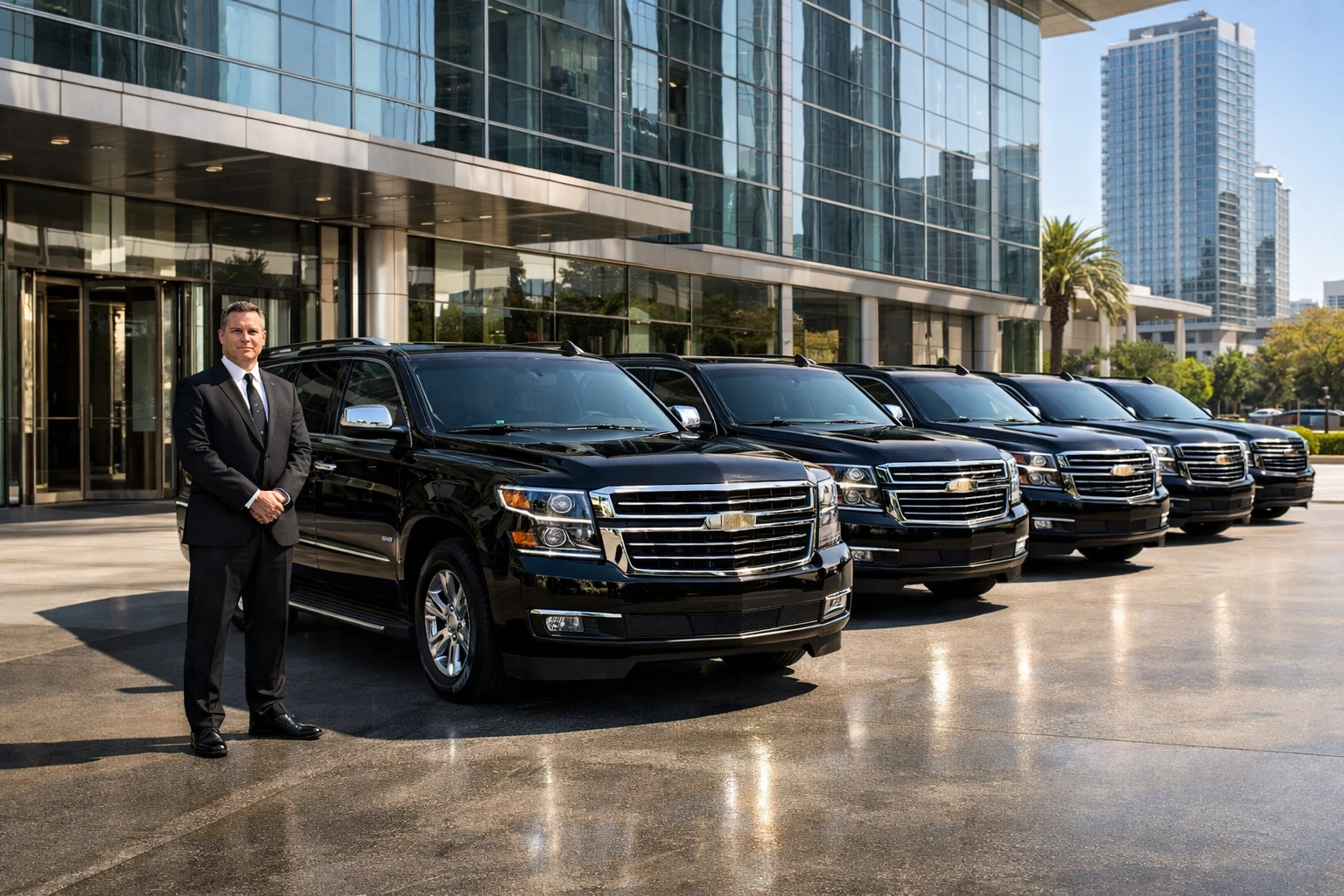 A fleet of luxury black executive SUVs and chauffeurs providing professional Super Bowl transportation services.