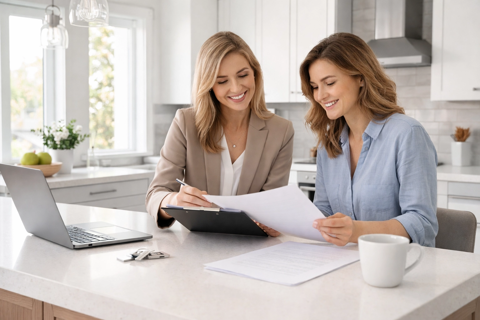 A real estate agent and a homeowner review selling documents in a bright Columbia SC kitchen, representing negotiation and successful sales.
