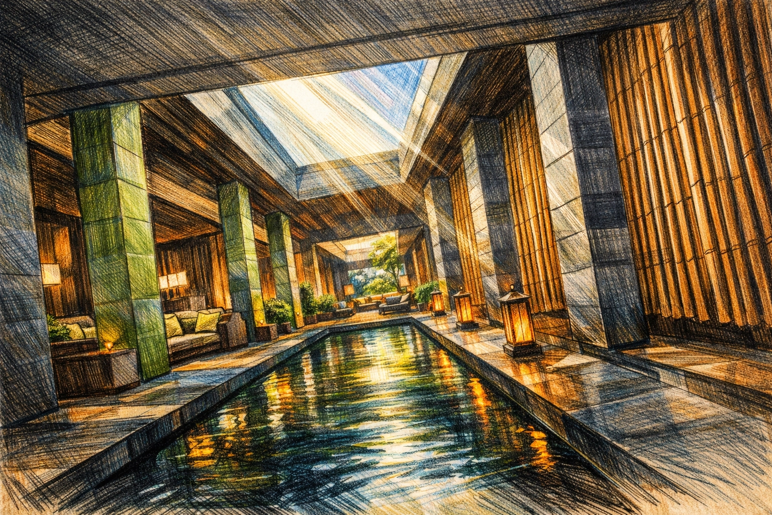 Modern hotel courtyard with stone pillars and a reflecting pool, blending indoor and outdoor living.