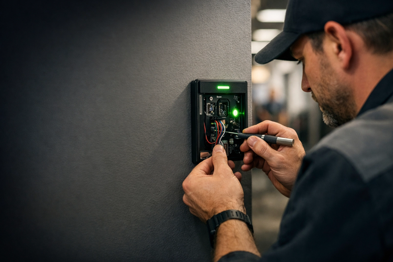Professional technician troubleshooting a badge reader not working in a Midwest office access control system.