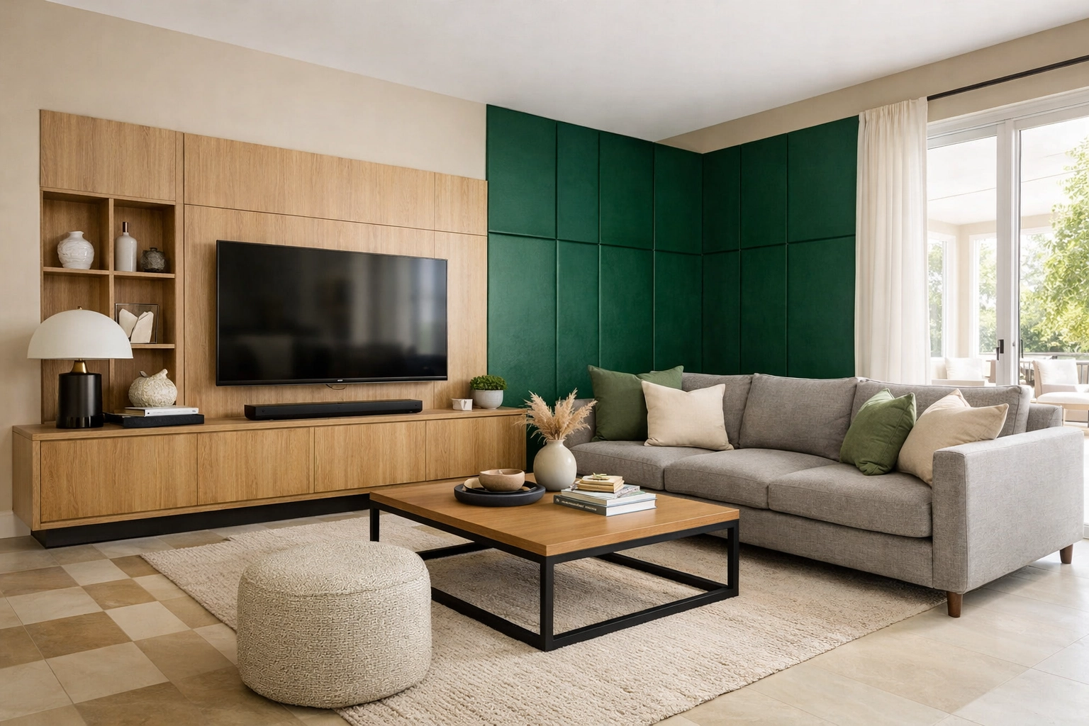 Contemporary Orlando home interior with warm neutral colors and emerald green jewel tone accents