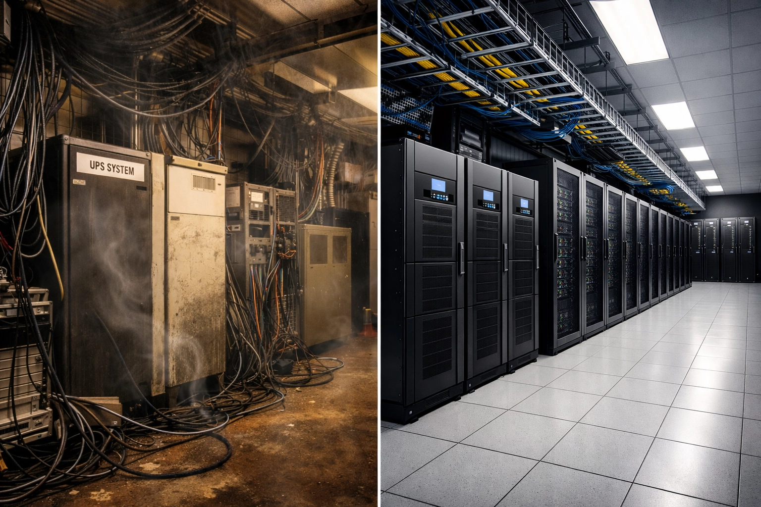 Data center transformation showing space savings from modern UPS replacing legacy systems