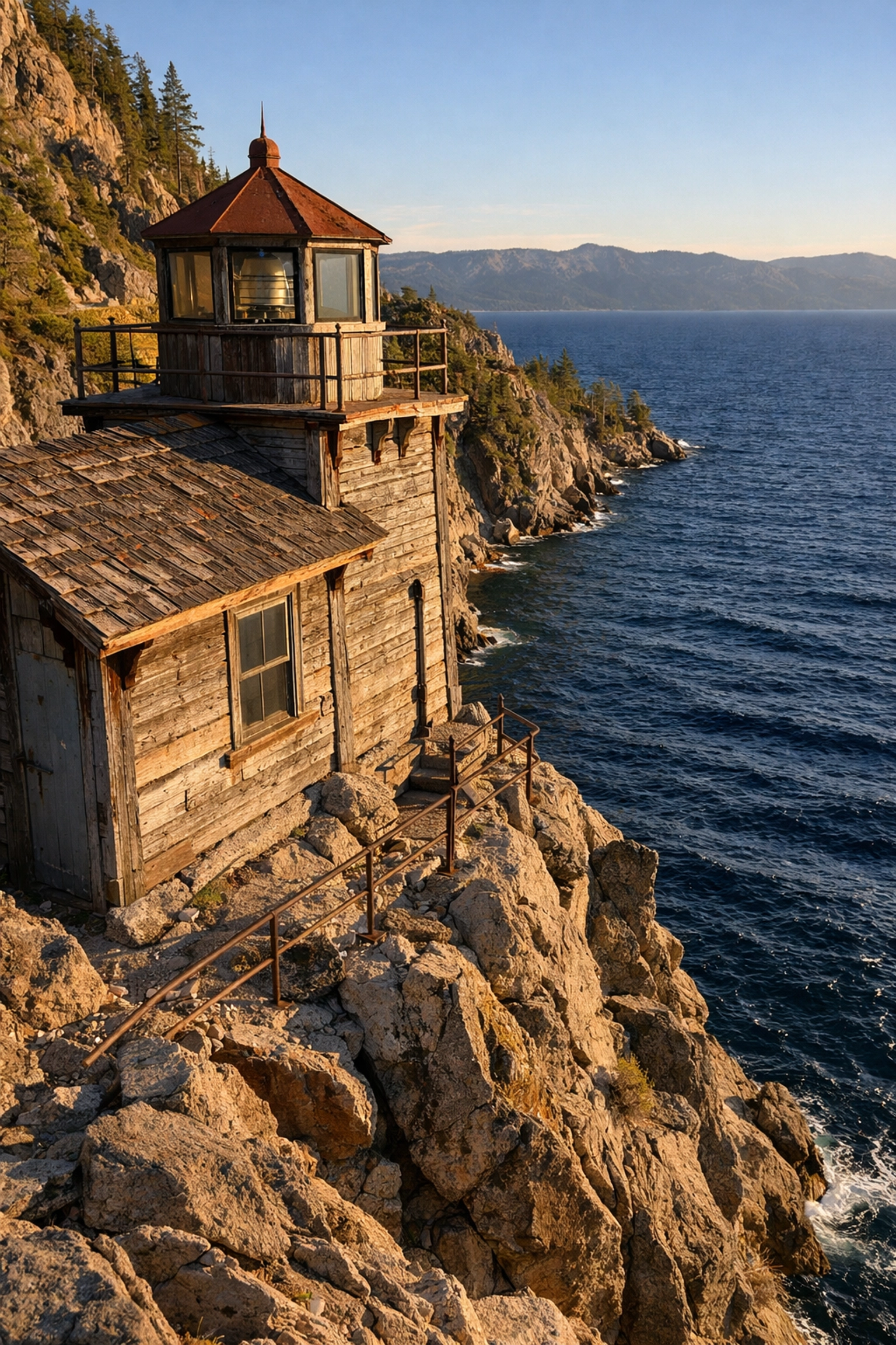 Rustic Rubicon Point Lighthouse at D.L. Bliss State Park overlooking the deep blue waters of Lake Tahoe.