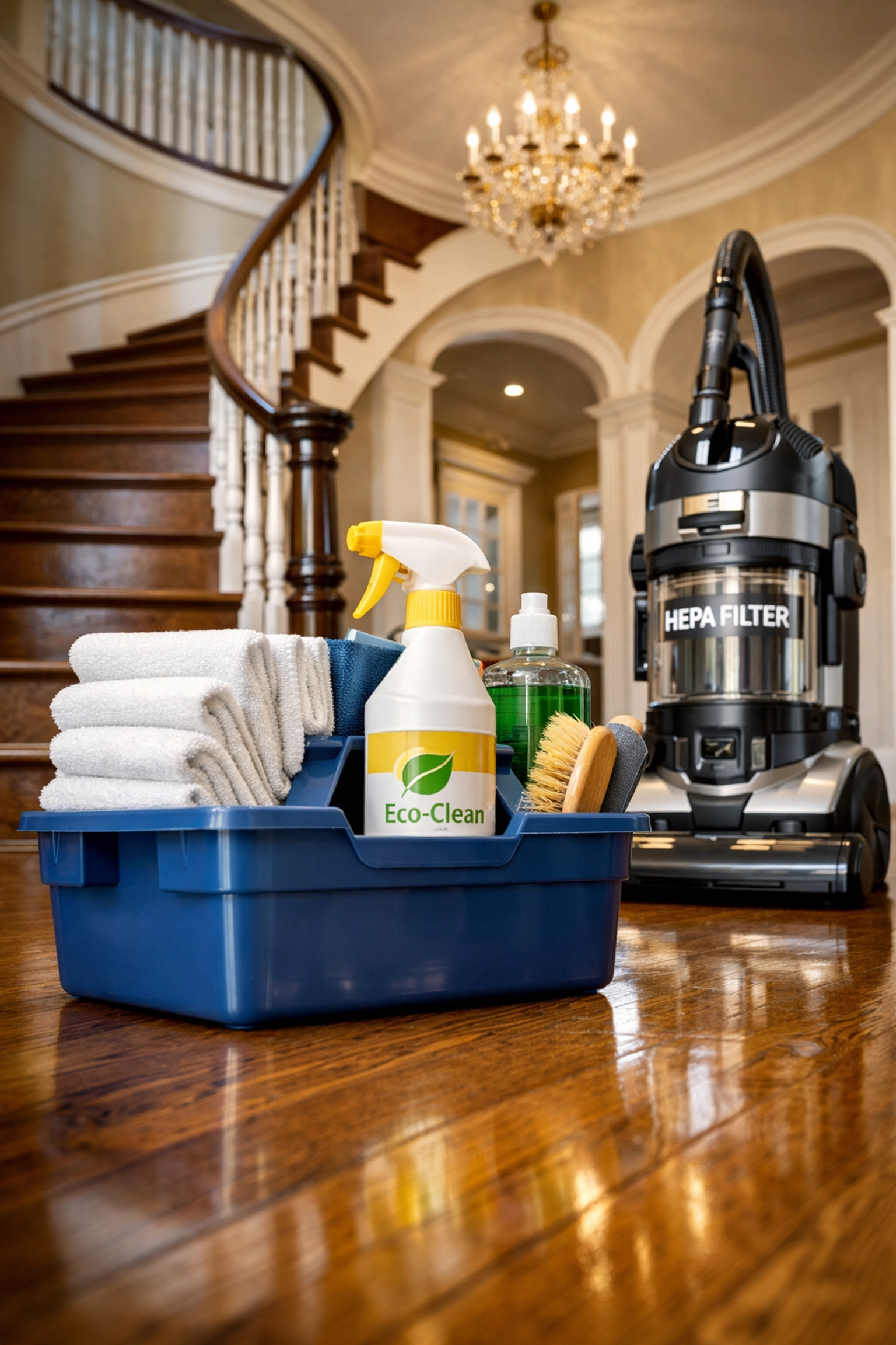 Eco-friendly cleaning tools and high-tech equipment ready for a luxury house cleaning mission in Dover.