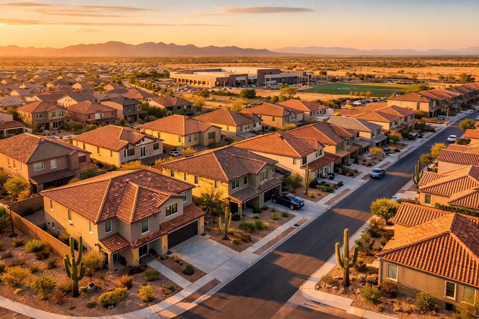 Aerial view of West Valley Arizona neighborhood with new homes and schools for educators