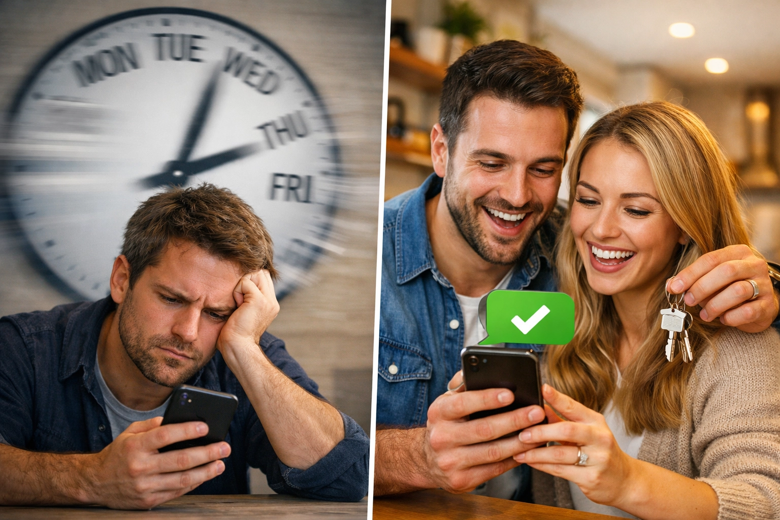 Comparison showing slow mortgage response time vs fast instant service with house keys