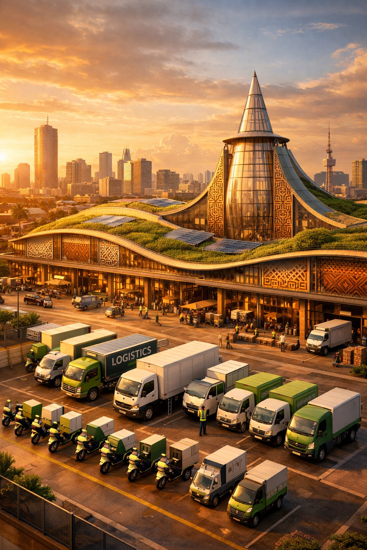 A modern logistics and community hub in a bustling African city representing growth infrastructure for founders.