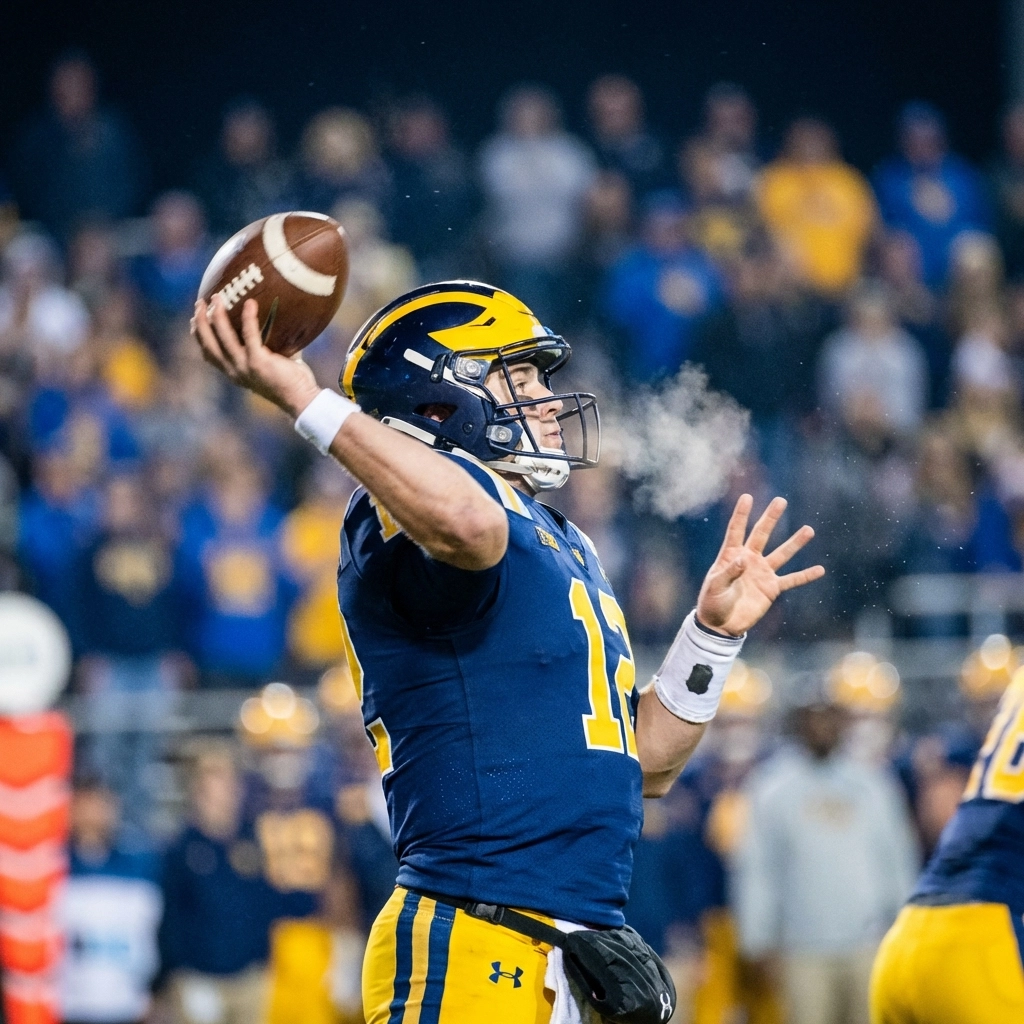 Quarterback in Cal colors throwing football during competitive night game with stadium lights