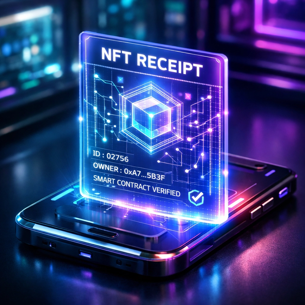 Secure holographic NFT receipt for metaverse purchases, representing immutable blockchain records and digital ownership.
