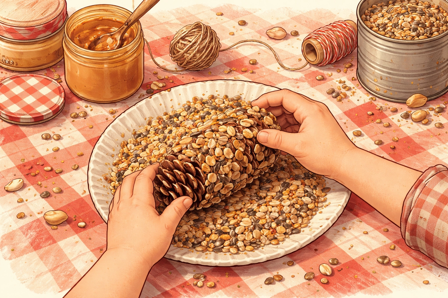 Kids rolling a peanut butter-coated pinecone in birdseed to make a simple bird feeder craft