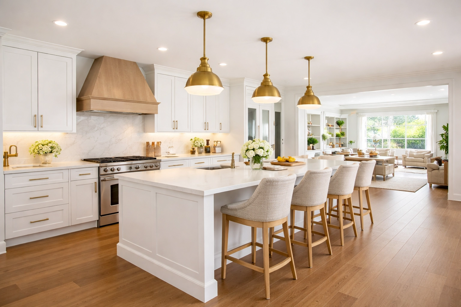 Completed kitchen remodel in Orlando featuring spacious island, brass lighting, and open floor plan