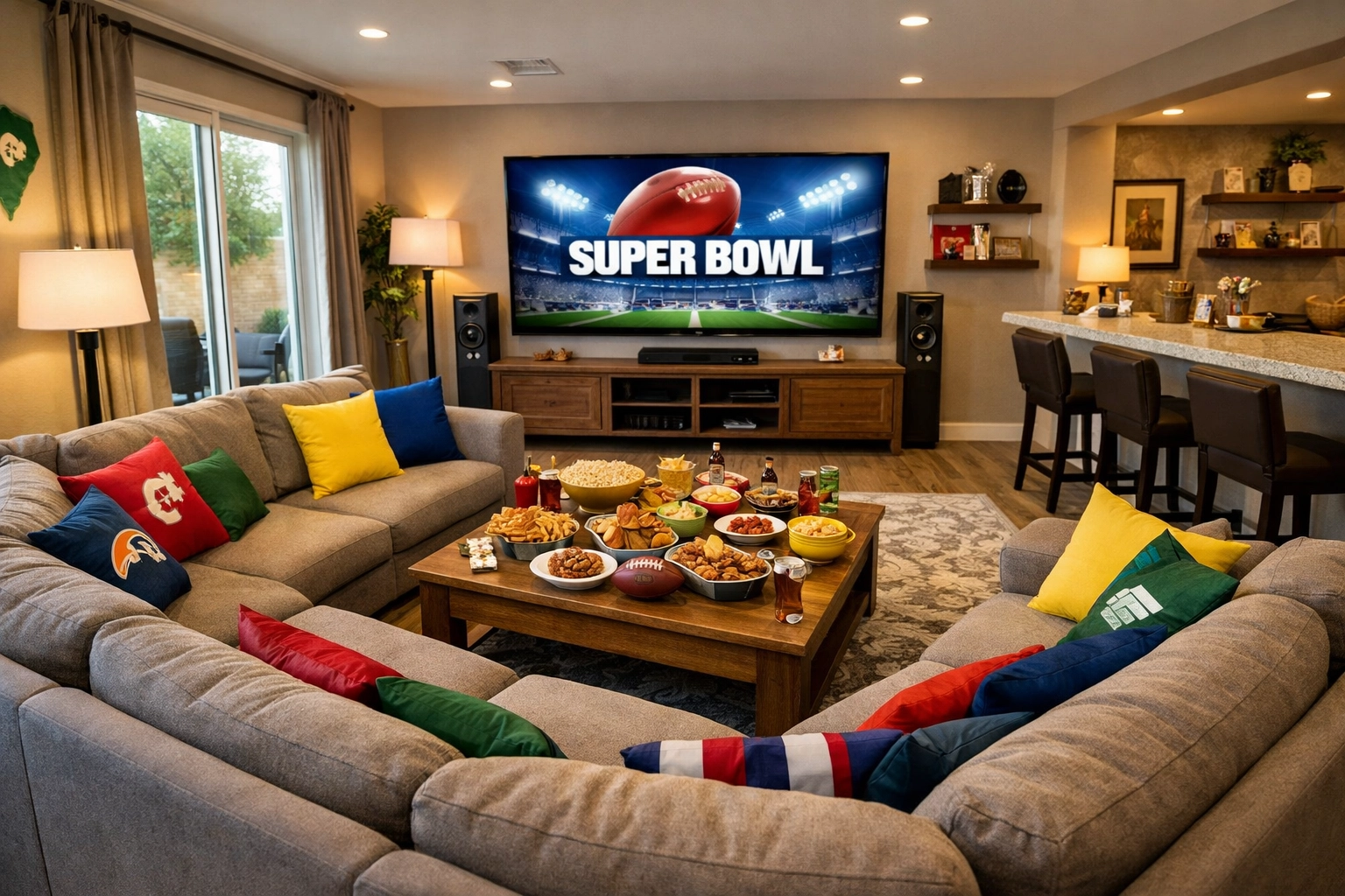 Modern Las Vegas living room setup for Super Bowl watch party with big screen TV and seating