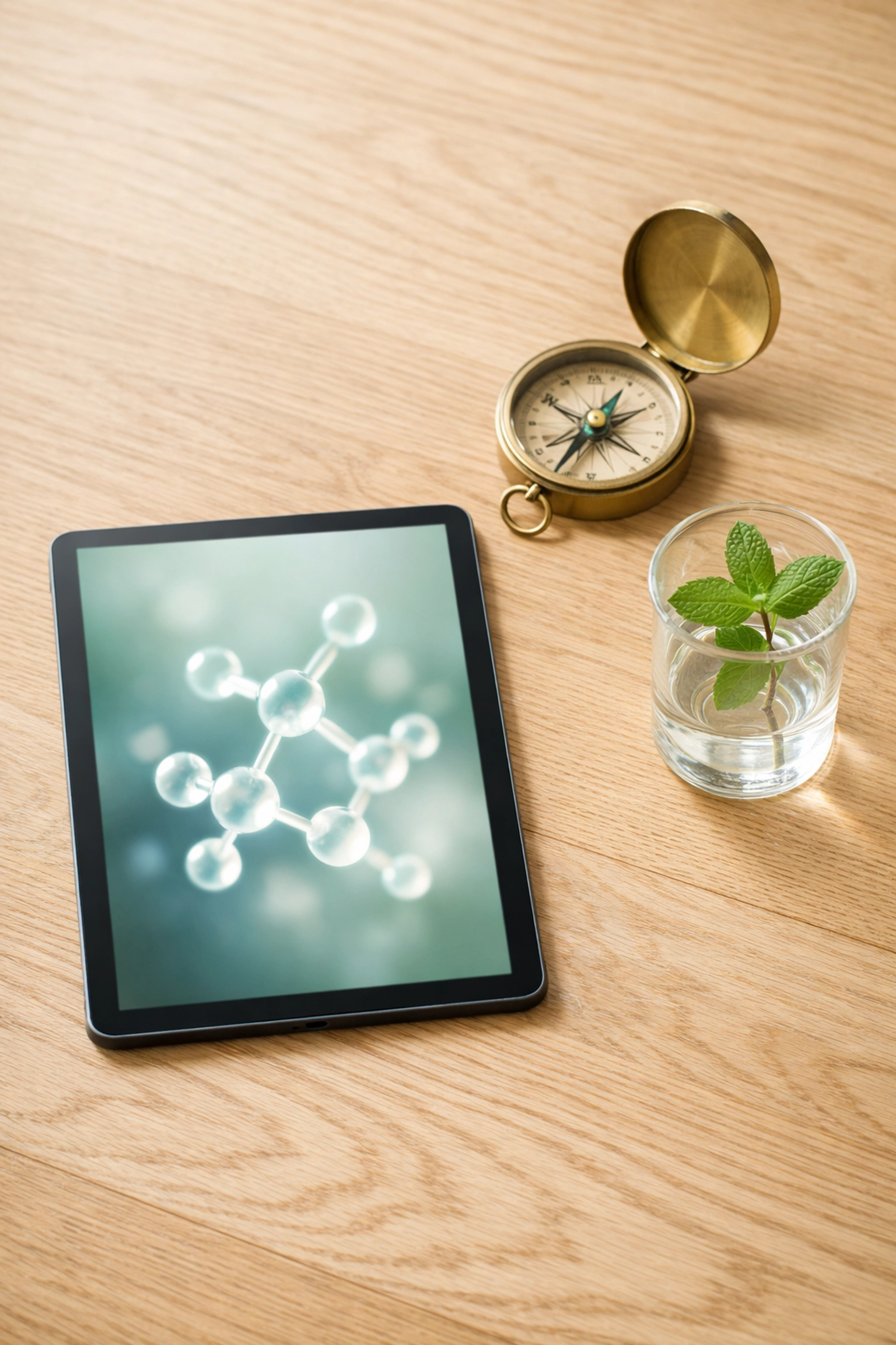Modern desk with a digital molecular model and lab beaker, showing high-tech chemistry degree careers.