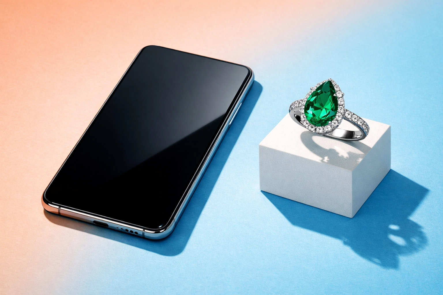 A pear-cut emerald ring next to a smartphone showing easy online auction registration and bidding.