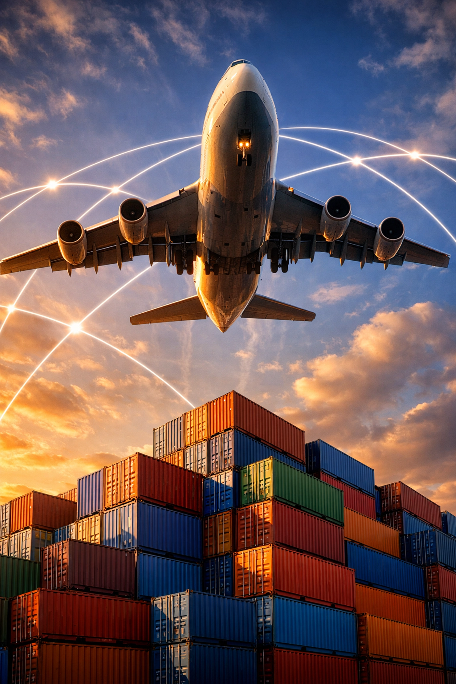 A cargo airplane taking off over shipping containers, representing efficient international logistics and freight forwarding.