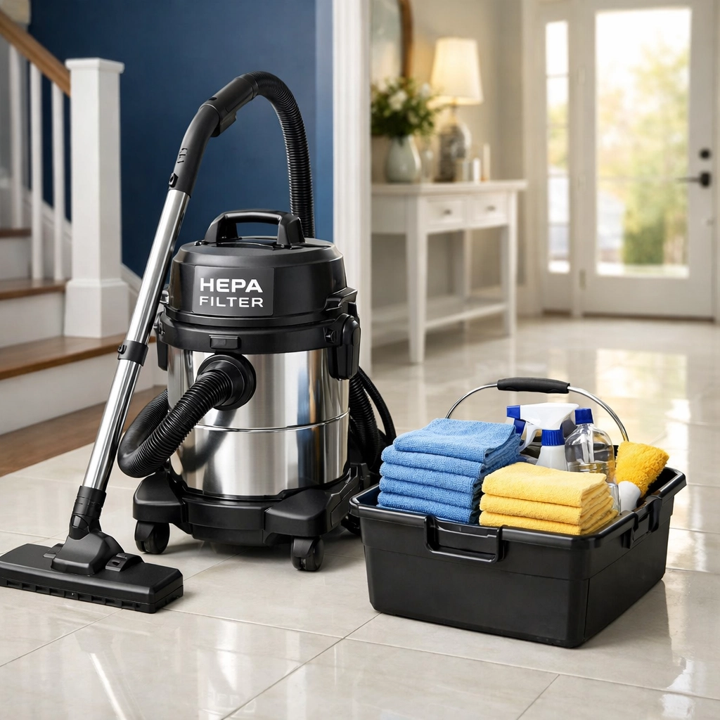 Professional cleaning equipment and HEPA vacuum prepared for a post construction cleaning project in Littleton.